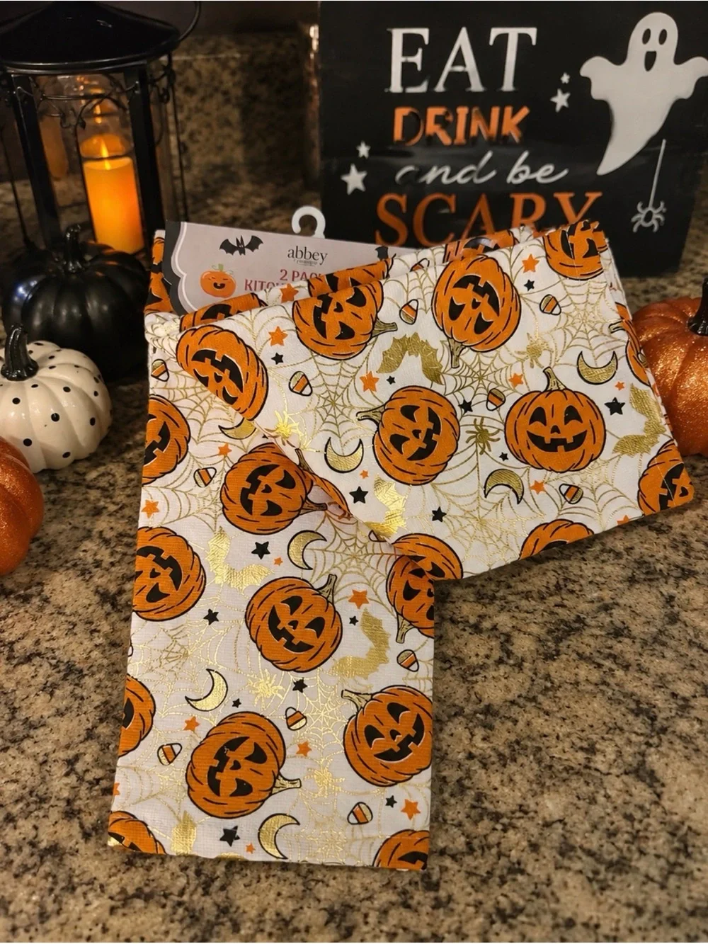 🎃 Abbey Cottage 2-Pack Halloween Kitchen Towels | Jack-O’-Lantern | Gold Foil